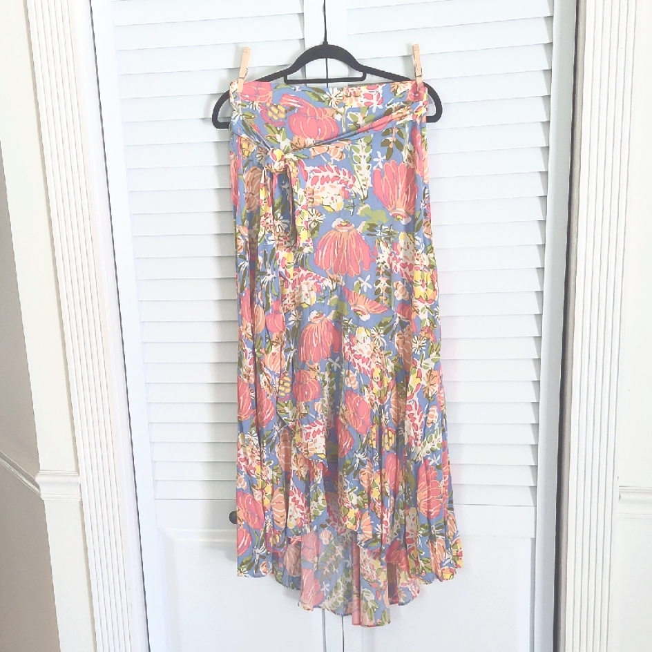 Matilda Jane Skirt, Size M, Floral Print, Tie Belt, Ruffle Tier, Faux Wrap, Hilo